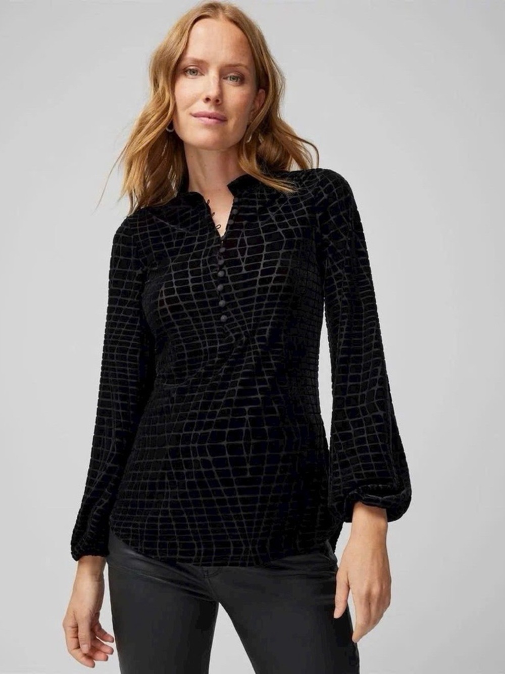 White House Black Market Black Velvet Burnout Button-Front Top small